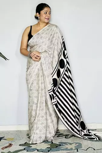 Off-White japan satin saree with digital print blouse