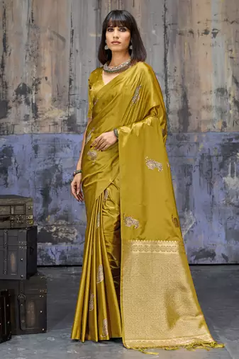 golden pure satin handloom weaving saree with blouse