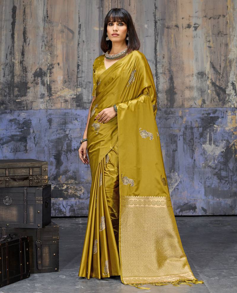 golden pure satin handloom weaving saree with blouse