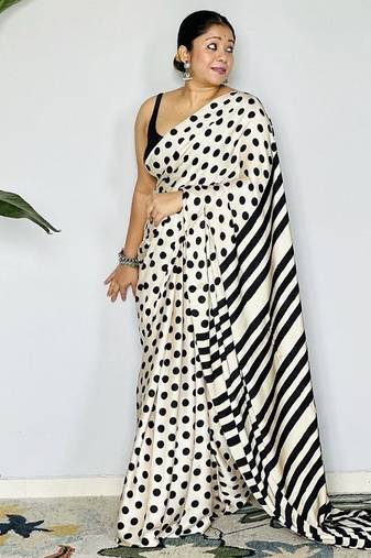 Off-White japan satin saree with digital print blouse