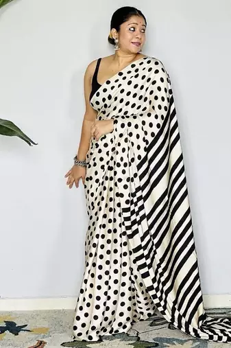 Off-White japan satin saree with digital print blouse