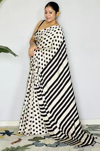 Off-White japan satin saree with digital print blouse