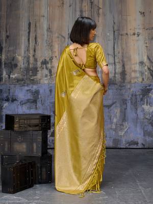 golden pure satin handloom weaving saree with blouse 2