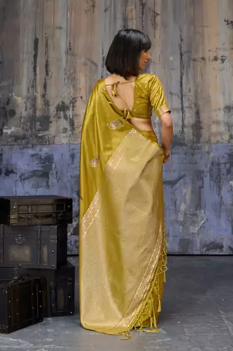 golden pure satin handloom weaving saree with blouse