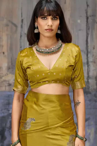 golden pure satin handloom weaving saree with blouse