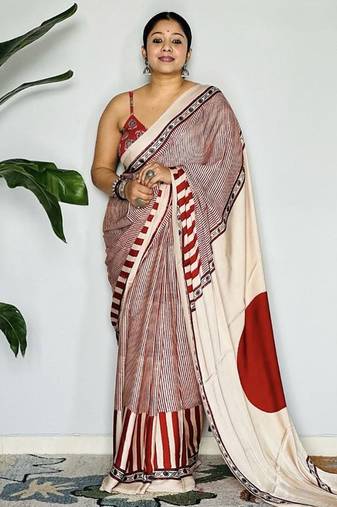 Multicolor japan satin saree with digital print blouse