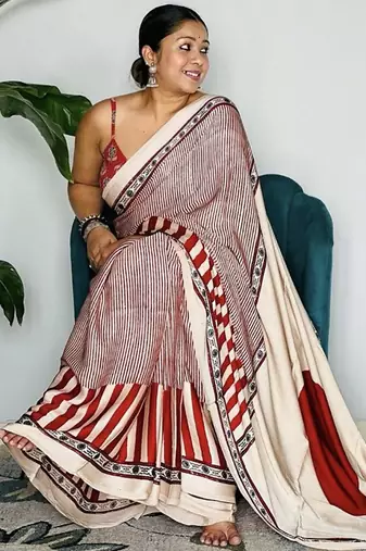 Multicolor japan satin saree with digital print blouse