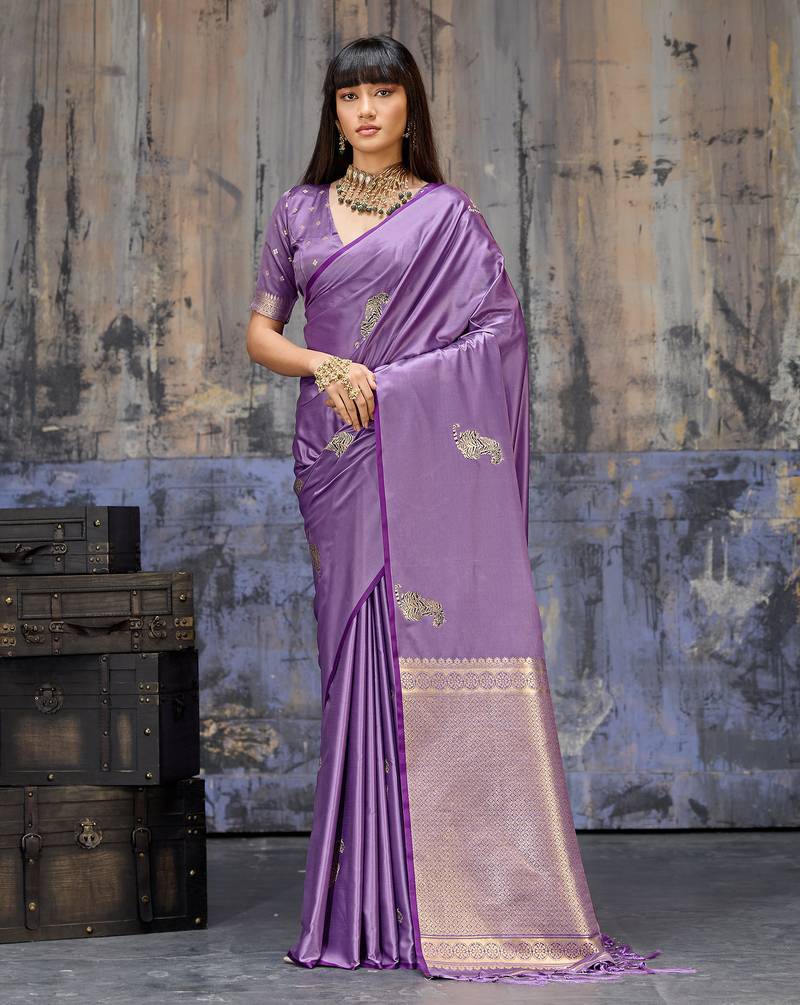 lavender pure satin handloom weaving saree with blouse