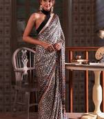Multicolor japan satin saree with digital print blouse