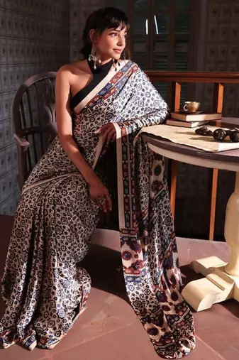 Multicolor japan satin saree with digital print blouse