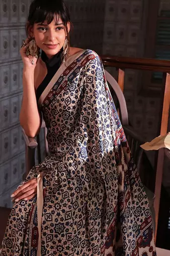 Multicolor japan satin saree with digital print blouse