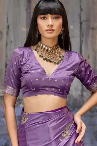 lavender pure satin handloom weaving saree with blouse