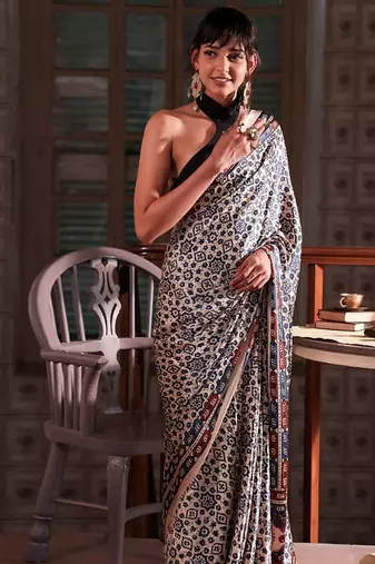 Multicolor japan satin saree with digital print blouse