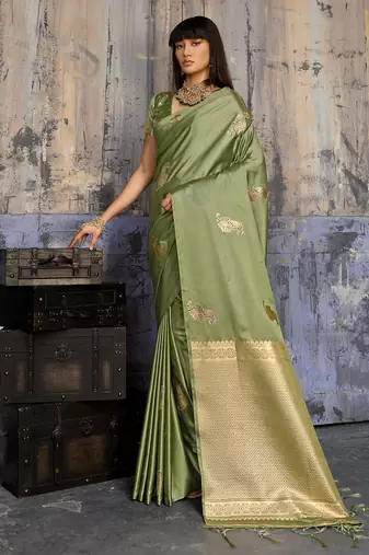 olive pure satin handloom weaving saree with blouse
