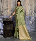 olive pure satin handloom weaving saree with blouse