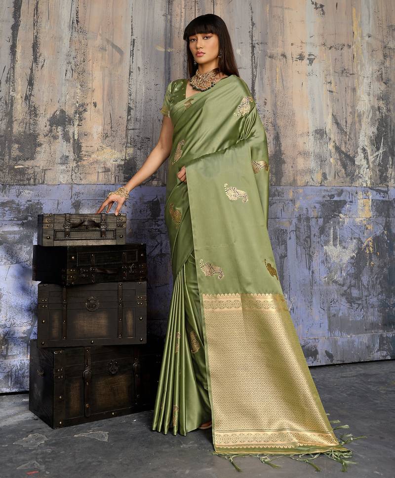 olive pure satin handloom weaving saree with blouse