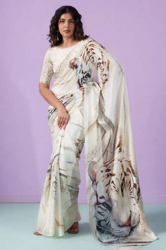 Off-White japan satin saree with digital print blouse