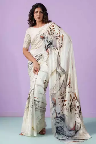 Off-White japan satin saree with digital print blouse