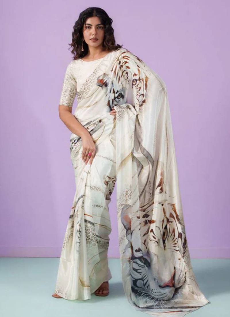 Off-White japan satin saree with digital print blouse