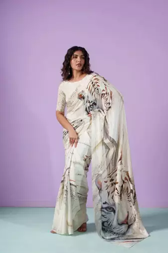Off-White japan satin saree with digital print blouse