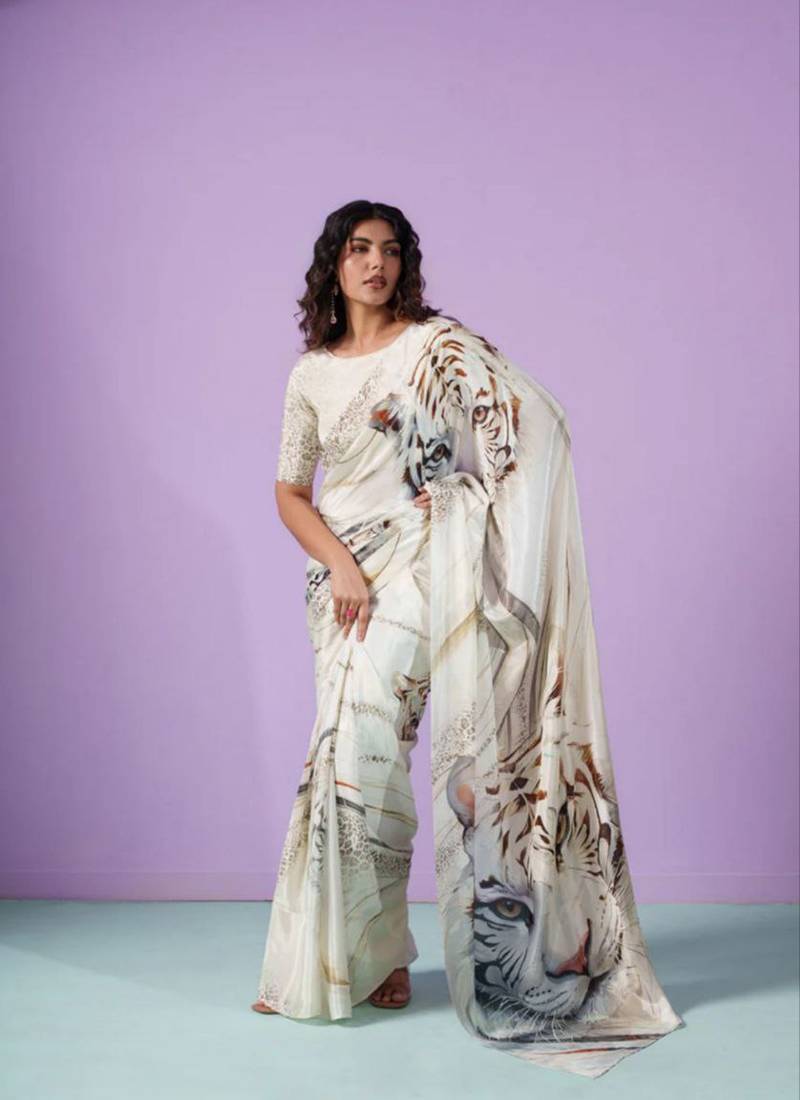Off-White japan satin saree with digital print blouse