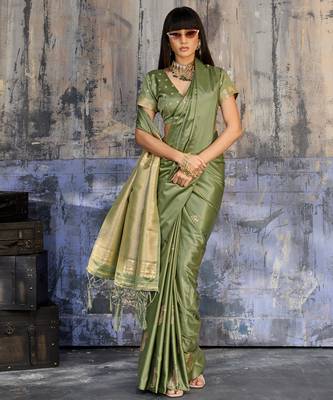 olive pure satin handloom weaving saree with blouse 2