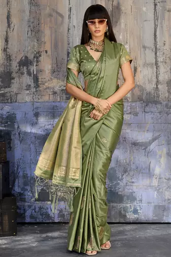 olive pure satin handloom weaving saree with blouse