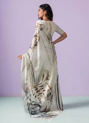 Off-White japan satin saree with digital print blouse 3