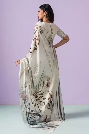 Off-White japan satin saree with digital print blouse