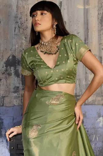 olive pure satin handloom weaving saree with blouse