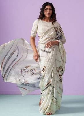 Off-White japan satin saree with digital print blouse 4