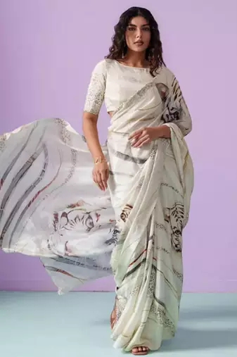 Off-White japan satin saree with digital print blouse