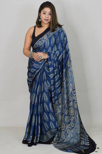 Royal blue japan satin saree with digital print blouse