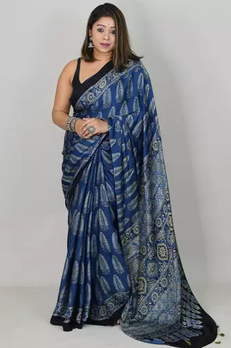 Royal blue japan satin saree with digital print blouse