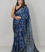 Royal blue japan satin saree with digital print blouse