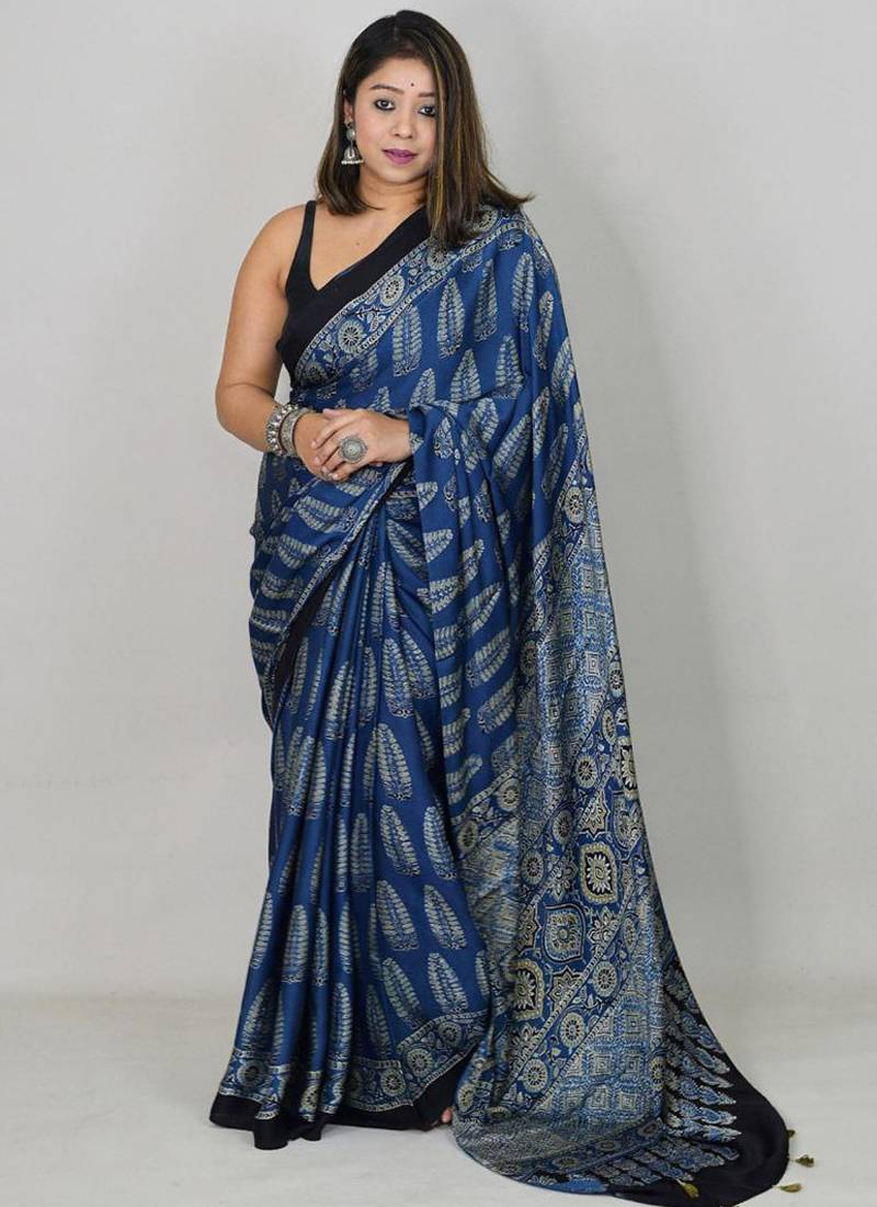 Royal blue japan satin saree with digital print blouse