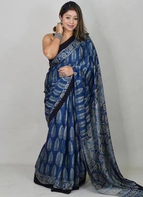 Royal blue japan satin saree with digital print blouse 2