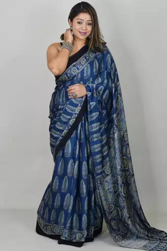 Royal blue japan satin saree with digital print blouse