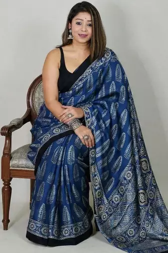 Royal blue japan satin saree with digital print blouse