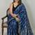 Royal blue japan satin saree with digital print blouse