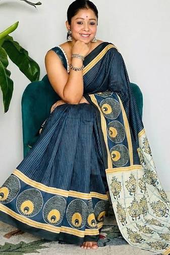 Multicolor japan satin saree with digital print blouse