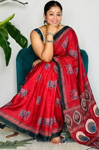Red japan satin saree with digital print blouse