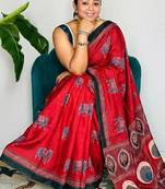 Red japan satin saree with digital print blouse