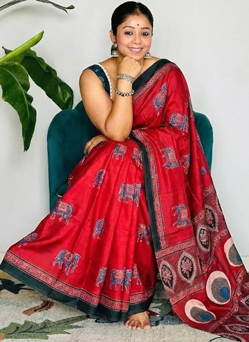 Red japan satin saree with digital print blouse