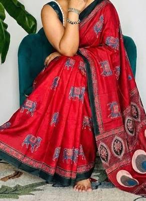 Red japan satin saree with digital print blouse 2