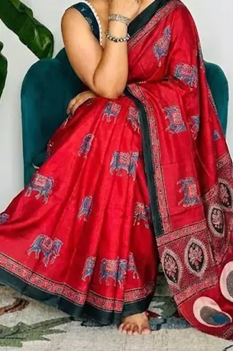 Red japan satin saree with digital print blouse