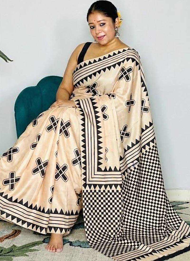 Off-White japan devsena satin saree japan satin digital print blouse