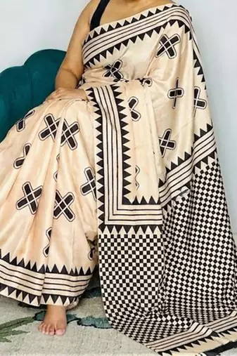 Off-White japan satin saree with digital print blouse