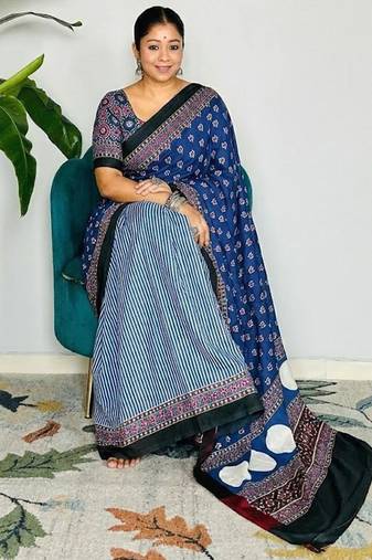 Multicolor japan satin saree with digital print blouse