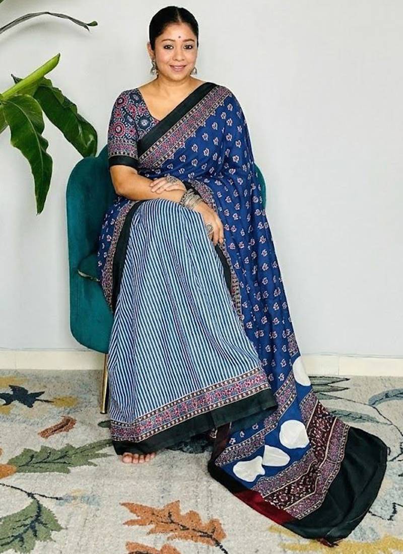 Multicolor japan satin saree with digital print blouse